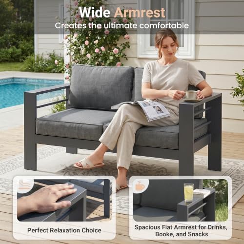 Aluminum Outdoor Couch, 3-Seat Metal Patio Sofa with 10" Back Cushion
