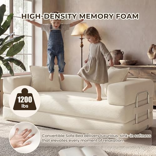 GRUSIGN 78" 5-in-1 Convertible Futon Sofa Bed, Boneless Corduroy, Beige