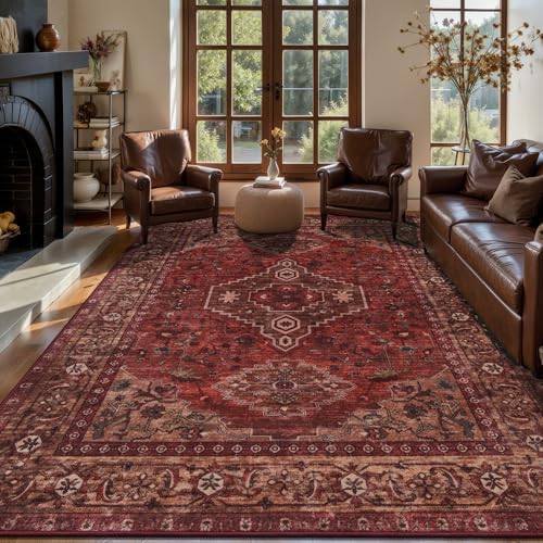 Tangsoo Red 8x10 Washable Area Rugs for Living Room, Non Slip Large Rug