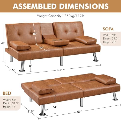 Yaheetech Convertible Futon Sofa Bed Loveseat with Cup Holder, Brown