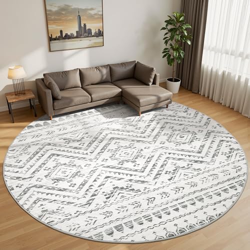 Miukiki Round Rugs 6ft for Living Room Moroccan Washable Circle Rug Grey
