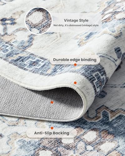 Amada Large 9x12 Washable Area Rug for Living Room, Blue/White, Vintage