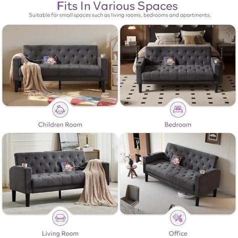 Mid-Century Modern Tufted Loveseat Sofa Set w/ 2 USB & 2 Cupholders