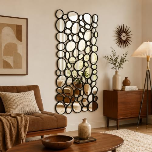 Black Mosaic Wall Mirror, 27.55" x 55" Large Pebble Geometric Decor...