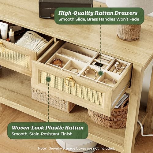 SUPERJARE Rattan Console Sofa Table with Outlets and USB-C Port, 3 Drawer Ent...