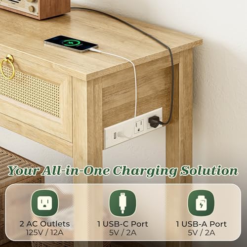 SUPERJARE Rattan Console Sofa Table with Outlets and USB-C Port, 3 Drawer Ent...
