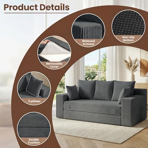 JUIKURY Boneless Couch 70 inch: 3-in-1 Convertible Sofa Bed Futon Couch Bed, ...