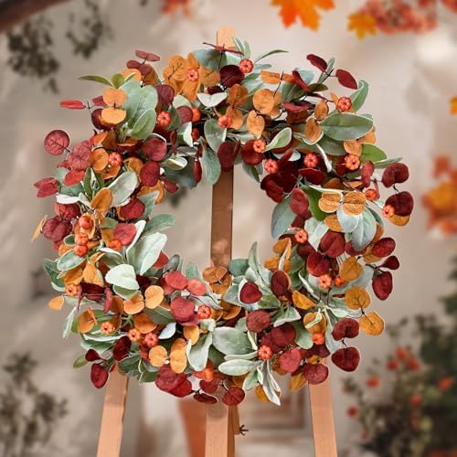 Waipfaru Fall Decor, 26 Inch Fall Wreaths for Front Door, Autumn Door Wreath with Lambs Ears Leave Eucalyptus Leaves Pumpkin Thanksgiving Harvest Halloween Farmhouse Home Outdoor Porch Indoor Decor