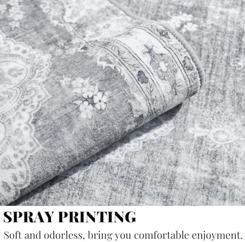 MUJOO Grey Washable Rug 8x10 Area Rugs Non Slip Low-Pile Floral Large