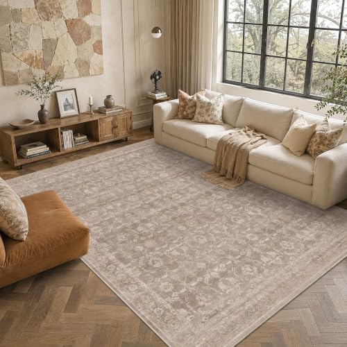 Living Room Washable 8x10 Area Rug Soft Boho Large Carpet Light Taupe