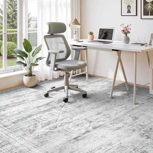 8x10 Area Rugs for Living Room, Washable Vintage Rug, Grey White