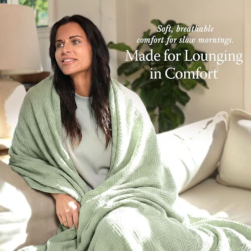 Threadmill Luxury 100% Cotton Queen Herringbone Blanket, Sage Green