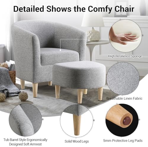 DAZONE Accent Chair with Ottoman, Mid Century Modern Barrel Comfy Fabric Armc...