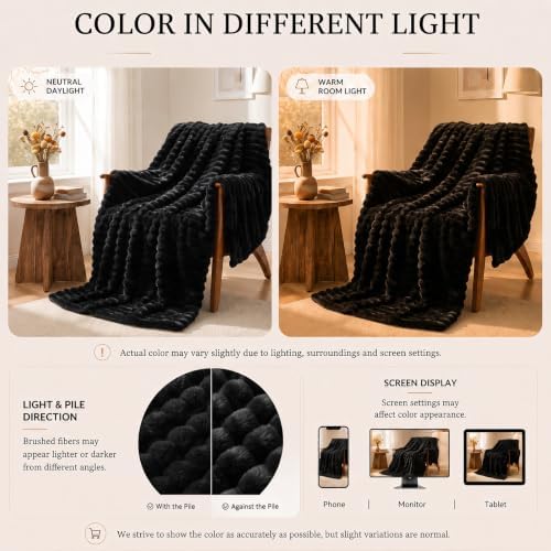 HIMEET Black Queen Size Blanket for Bed, 300GSM Ribbed Fleece, 90 x 90 in
