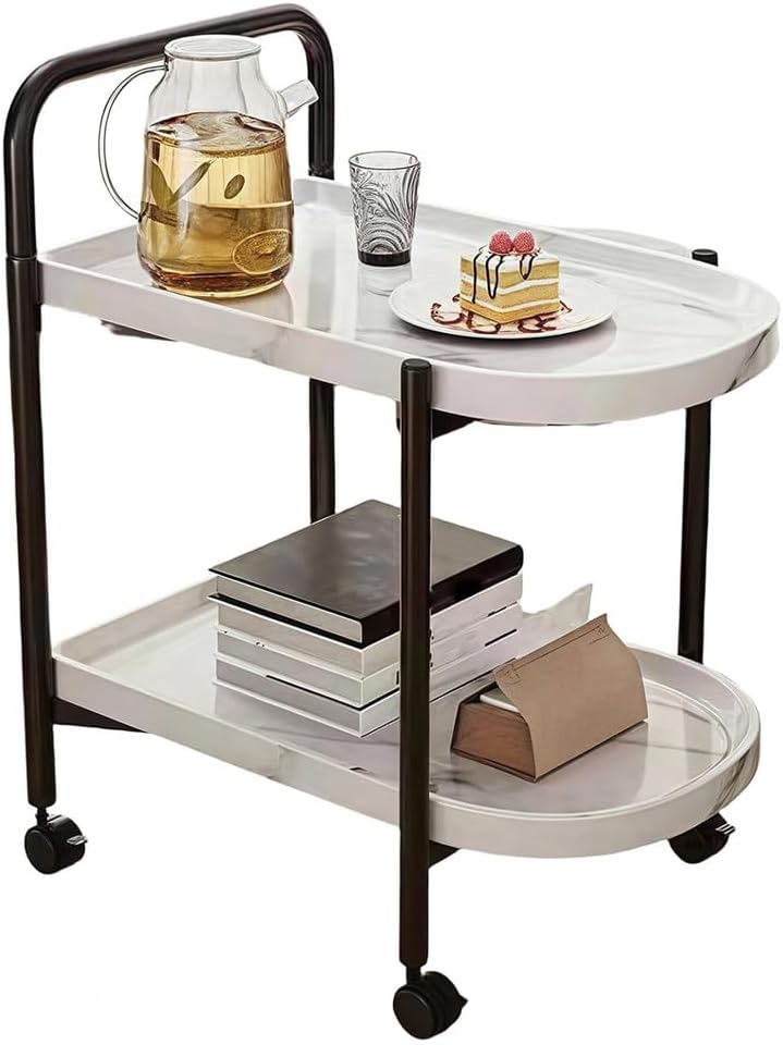 2-Tier Side Table with Handle and Faux Marble Shelves, Couch Movable Bedside Table, Utility Cart Serving Cart with Wheels, Utility Snack Storage Organizer Serving Cart for Home Kitchen,White