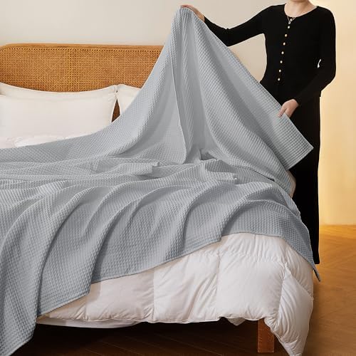 100% Cotton Waffle Blanket for Bed King Size, Light Grey, 104 x 90 Inches