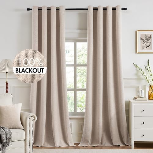 MIULEE 100% Blackout Linen Curtains for Bedroom 52x102 Inches Natural Beige