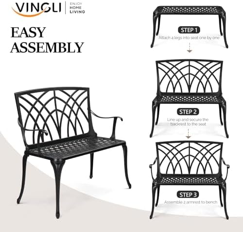 VINGLI 38" Outdoor Metal Bench, Cast Aluminium Garden Bench, Weatherproo...