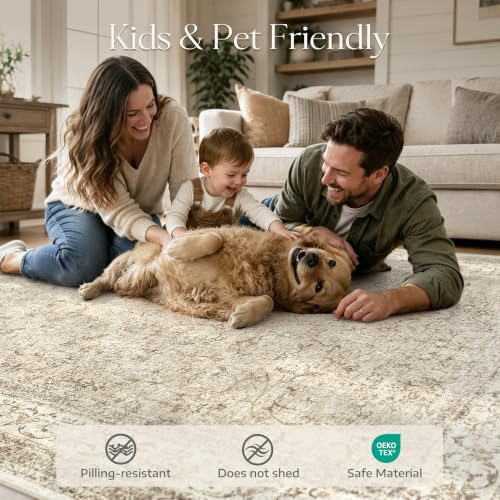 Washable 8x10 Area Rugs for Living Room, Vintage Bedroom Neutral Rug, Beige