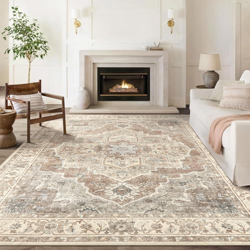 Washable Area Rug-9X12 Vintage Neutral Soft Beige Brown