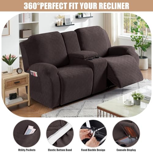 VANSOFY Stretch Recliner Loveseat Cover with Middle Console, Chocolate | 4-Pieces, Soft Furniture Protector, Washable Slipcover with Pocket, Pets Sofa Cover, High Stretchy fabric Couch Cover