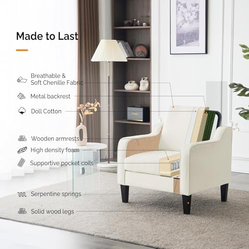 VINGLI Cream Accent Chair, Chenille Upholstered Armchair for Living Room