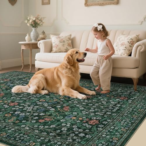 GarveeHome Dark Green Floral 8x10 Washable Area Rug Living Room Bedroom