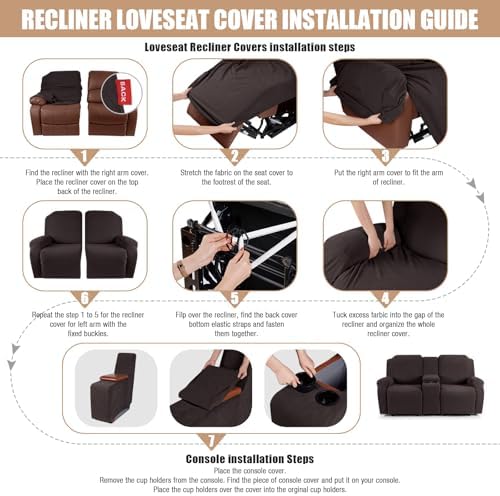 VANSOFY Stretch Recliner Loveseat Cover with Middle Console, Chocolate | 4-Pieces, Soft Furniture Protector, Washable Slipcover with Pocket, Pets Sofa Cover, High Stretchy fabric Couch Cover