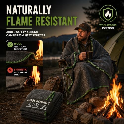 JMR Wool Camping Blanket, Fire Retardant Military Throw, Grey (62x84)