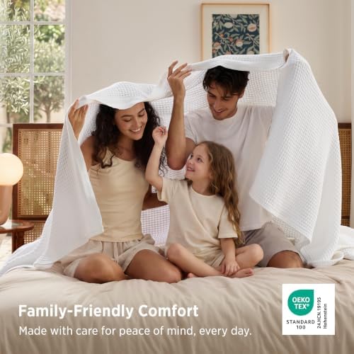 Bedsure 100% Cotton Blanket, Waffle Weave, Queen Size, White, 90"x90"