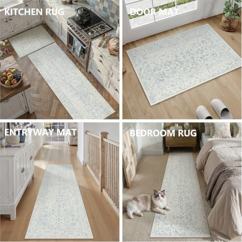 2'x3'+2'x4'+2'x5' Blue 2-Piece Kitchen Rug Set with Runner | Floral, Soft, Kitchen, Hallway, Entryway