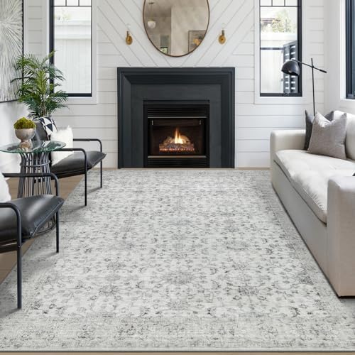 Tosuoka Area Rugs 9x12 Living Room Rug, Vintage Washable Rug Light Gray