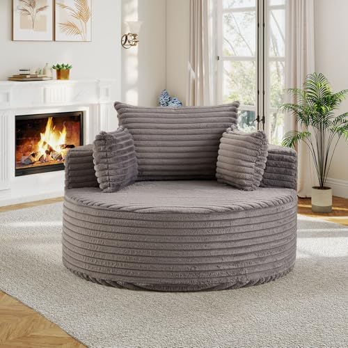 50"W Oversized Round Chaise Lounge Chair Indoor, Upholstered Corduroy De...