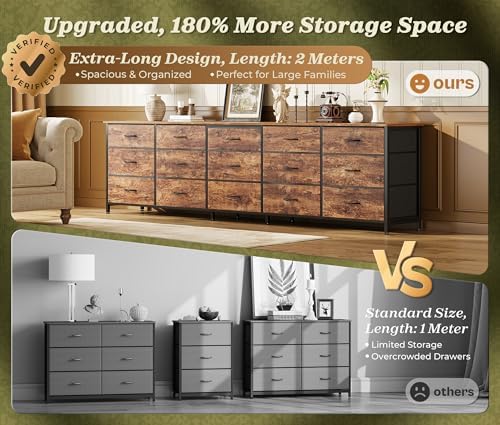 Huuger 78.7 inch Long Dresser for Bedroom, 15 Drawer Fabric Dresser for Close...