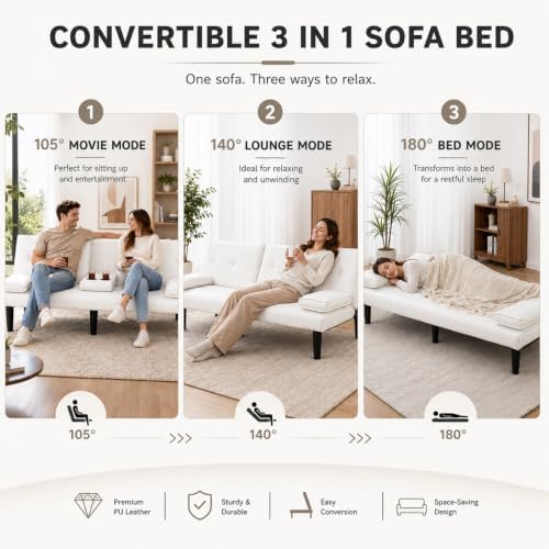 67"Modern Futon Sofa Bed,Convertible 3 in 1 Sleeper Bed Couches with Adj...