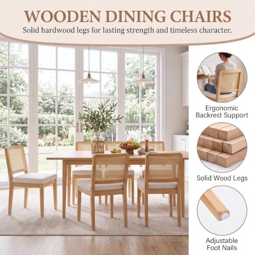 HNY Modern Farmhouse Rattan Dining Chairs Set of 2 Beige Chenille Upholstered...