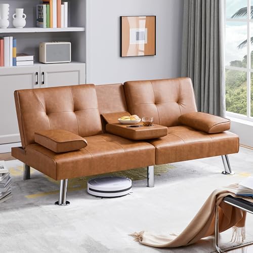 Yaheetech Convertible Futon Sofa Bed Loveseat with Cup Holder, Brown