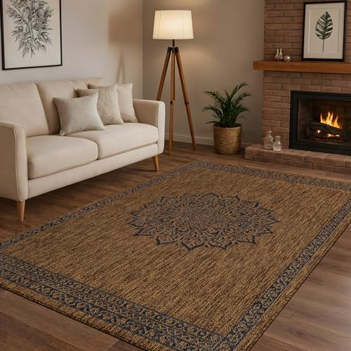 CAMILSON Outdoor Rug 5x7 Medallion Gold Modern Area Rugs for Indoor and Outdo...