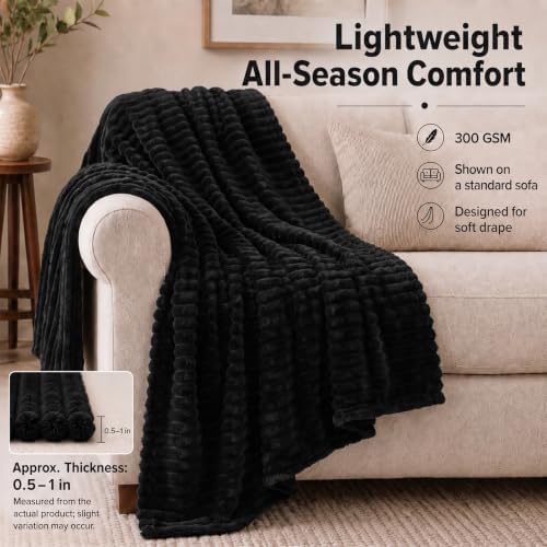 HIMEET Black Queen Size Blanket for Bed, 300GSM Ribbed Fleece, 90 x 90 in