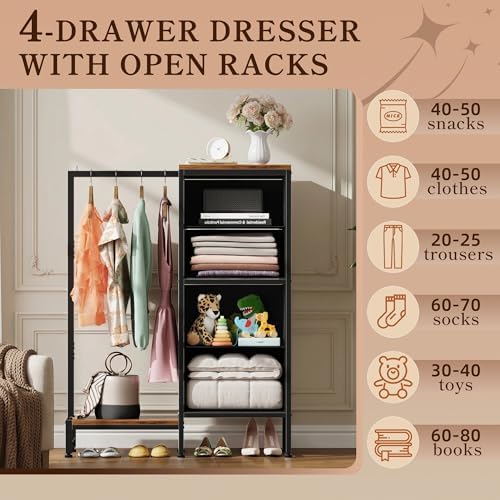 HIGDBFE Tall Dresser 44''H with Hanging Rack, 4 Drawers Small Closet ...