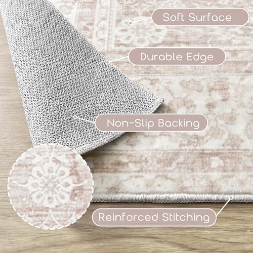 Pink Area Rug 8x10 Low Pile Washable Vintage Large Rugs for Living Room