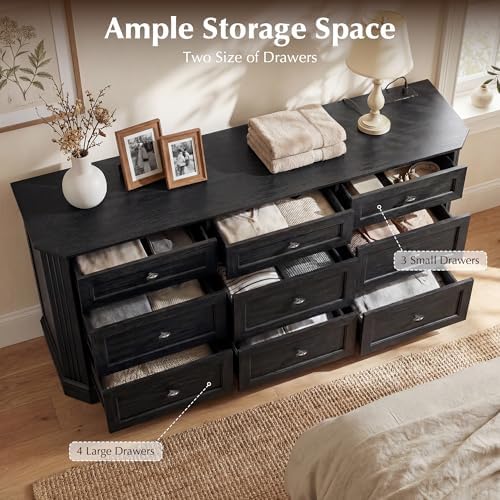 Farmhouse 9 Drawers Black Dresser for Bedroom, 63.07" Wide Chest of Draw...