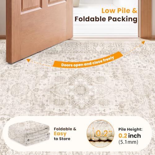 SameBed 5x7 Area Rug Living Room, Vintage Washable Carpet Neutral Beige