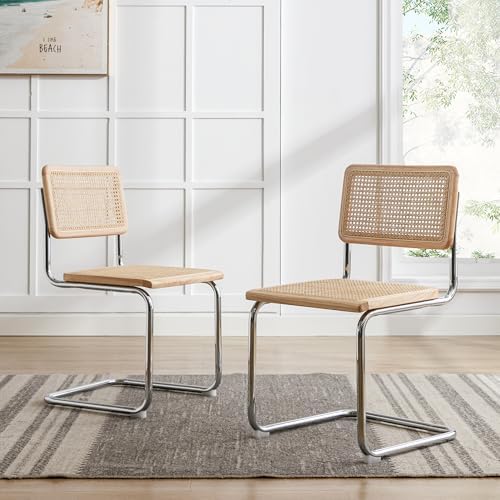 Rattan Cantilever Dining Chairs Set of 2, Boho Modern Dining Chairs with Ratt...