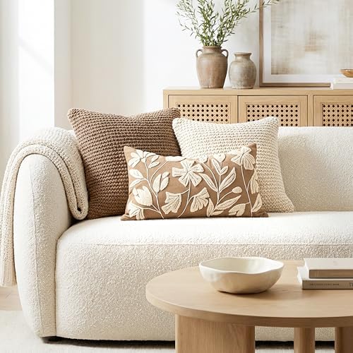 12x20 Lumbar Pillow Cover, Rectangular Brown Decorative Throw Pillowcase for Couch Sofa, Embroidered Velvet Farmhouse Accent Cushion (Cover Only)