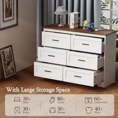 GEPELCN Farmhouse Dresser for Bedroom 6 Drawers Dresser with Power Outlets Ru...