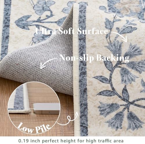jinchan 8x10 Washable Living Room Area Rug, Vintage Floral, Blue/Cream