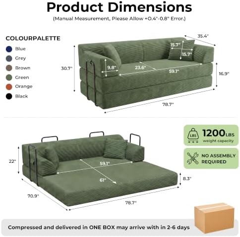 79'' Futon Sofa Bed, High‑Back Boneless Couches for Living Room