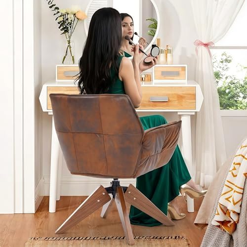 Mid Century Accent Chair No Wheel 360° Swivel PU Cozy Vanity Chair Wood Leg