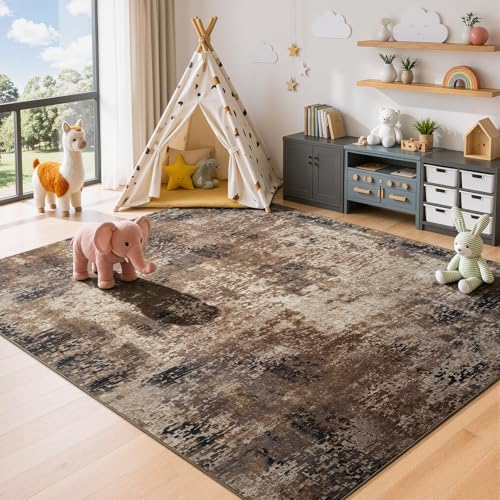 Merelax 4x6 Brown Red Washable Area Rug Non-Slip Faux Wool Abstract Carpet